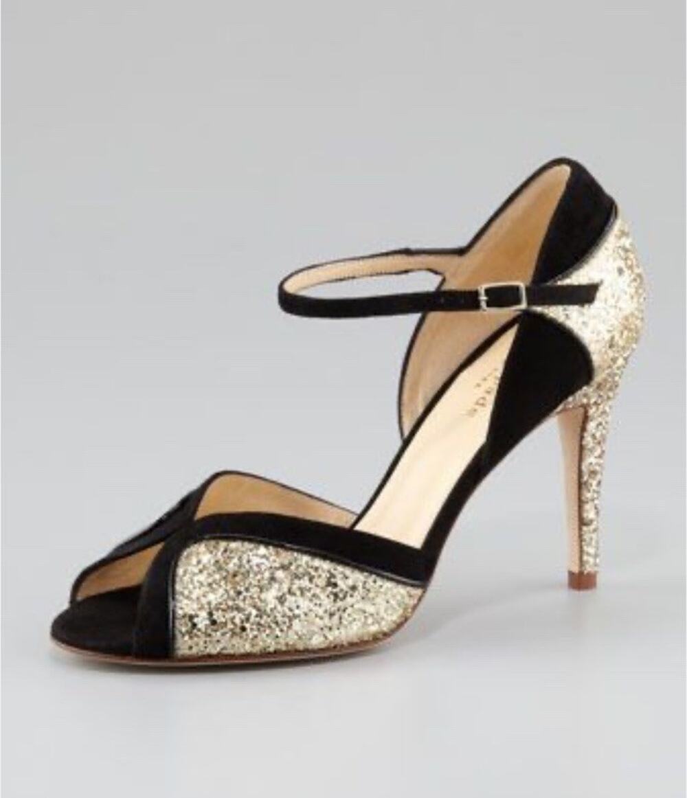 NWOB Kate Spade Corinne Black Suede Gold Glitter Peep Toe Heels 8.5 Italy